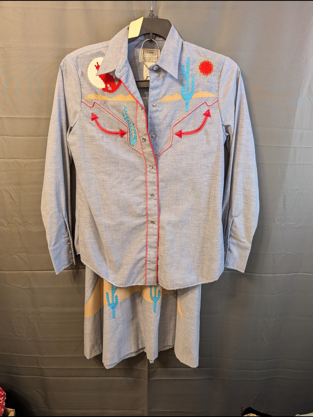 Vtg 70s H Bar C Chambray Western Shirt & Skirt Set - Embroidered Desert Coyote